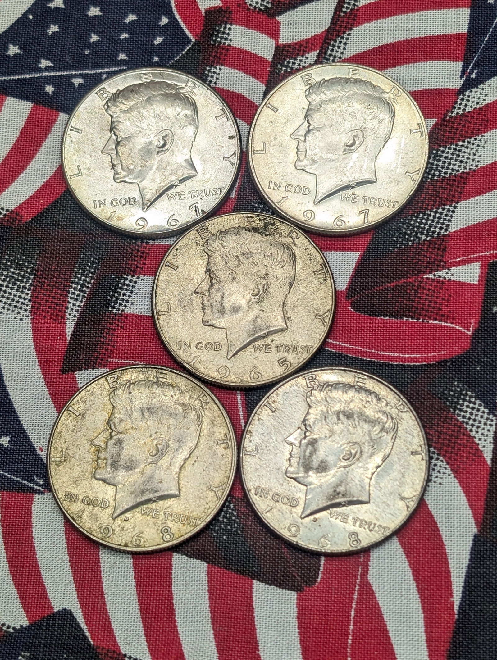 Five 40%  Kennedy Half Dollars, 1965, (2) 1967, & (2) 1968-D (1 of 2)