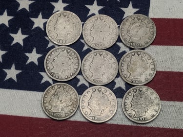 (9) Liberty V Nickels 1899 to 1901, 1906, 1907, 1908, 1910, 1911, 1912-D