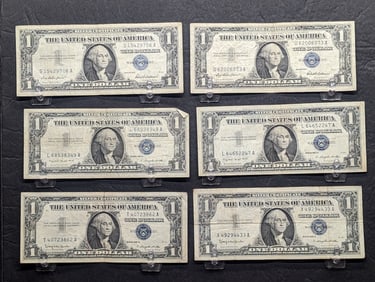 6 - One Dollar Silver Certificates (2) 1957, (2) 1957-A, & (2) 1957-B