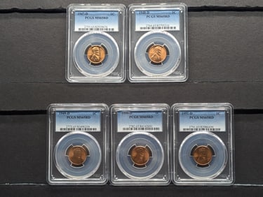 5 Consecutive Lincoln Wheat Cents 1947-D to 1951-D, All 5 are PCGS MS65RD, very nice set
