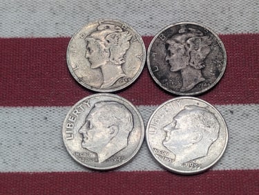 (2) Mercury Dimes 1944-P, S (2) Roosevelt Dimes 1946-P, 1957-P