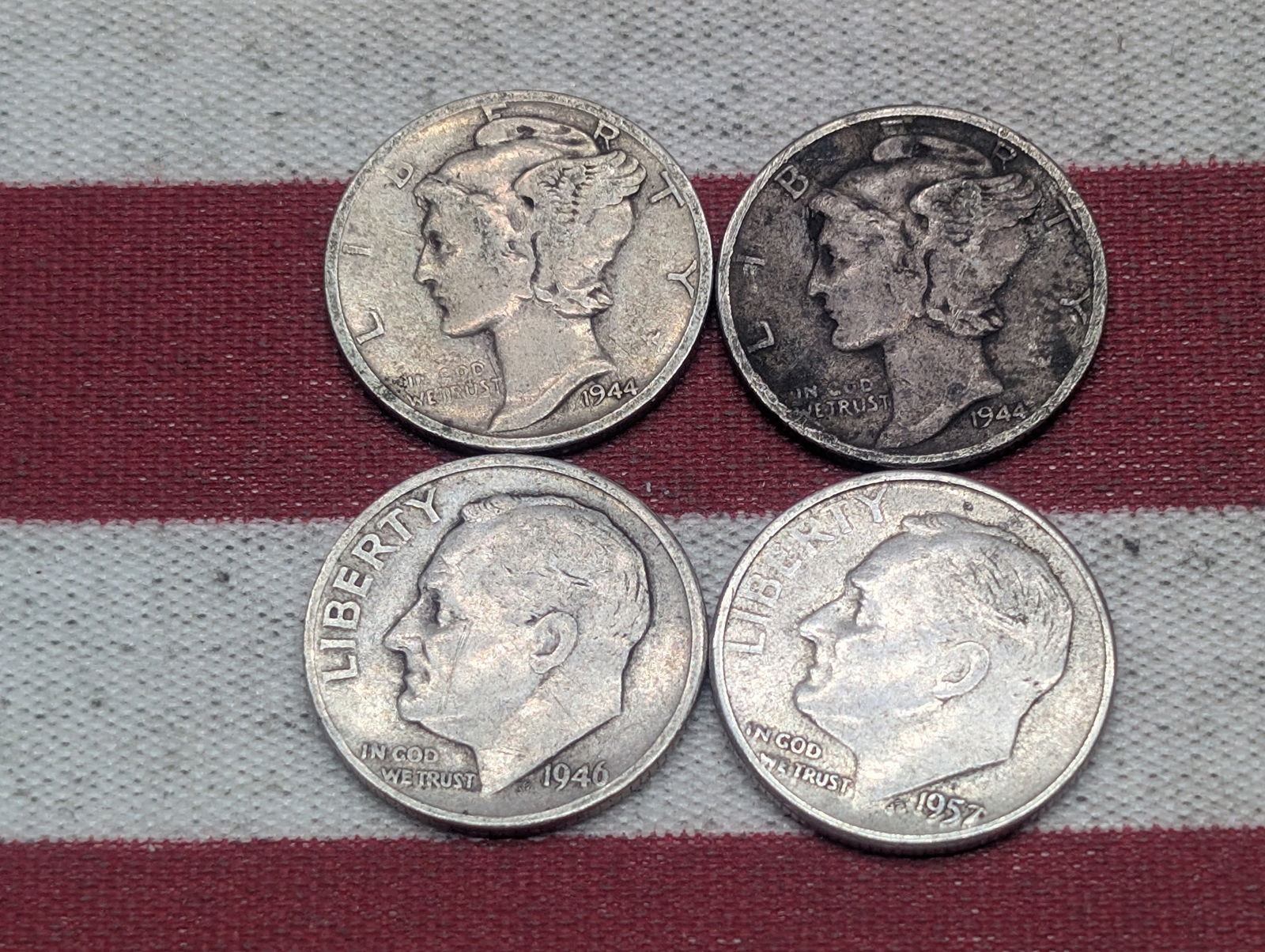 (2) Mercury Dimes 1944-P, S (2) Roosevelt Dimes 1946-P, 1957-P (1 of 2)