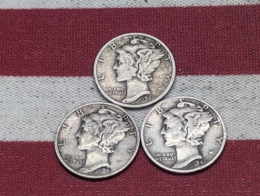 (3) Mercury Dimes 1941-P, D, S