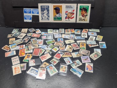 Assorted 20, 22, & 25 Cent Stamps, & (4) Baseball Cards