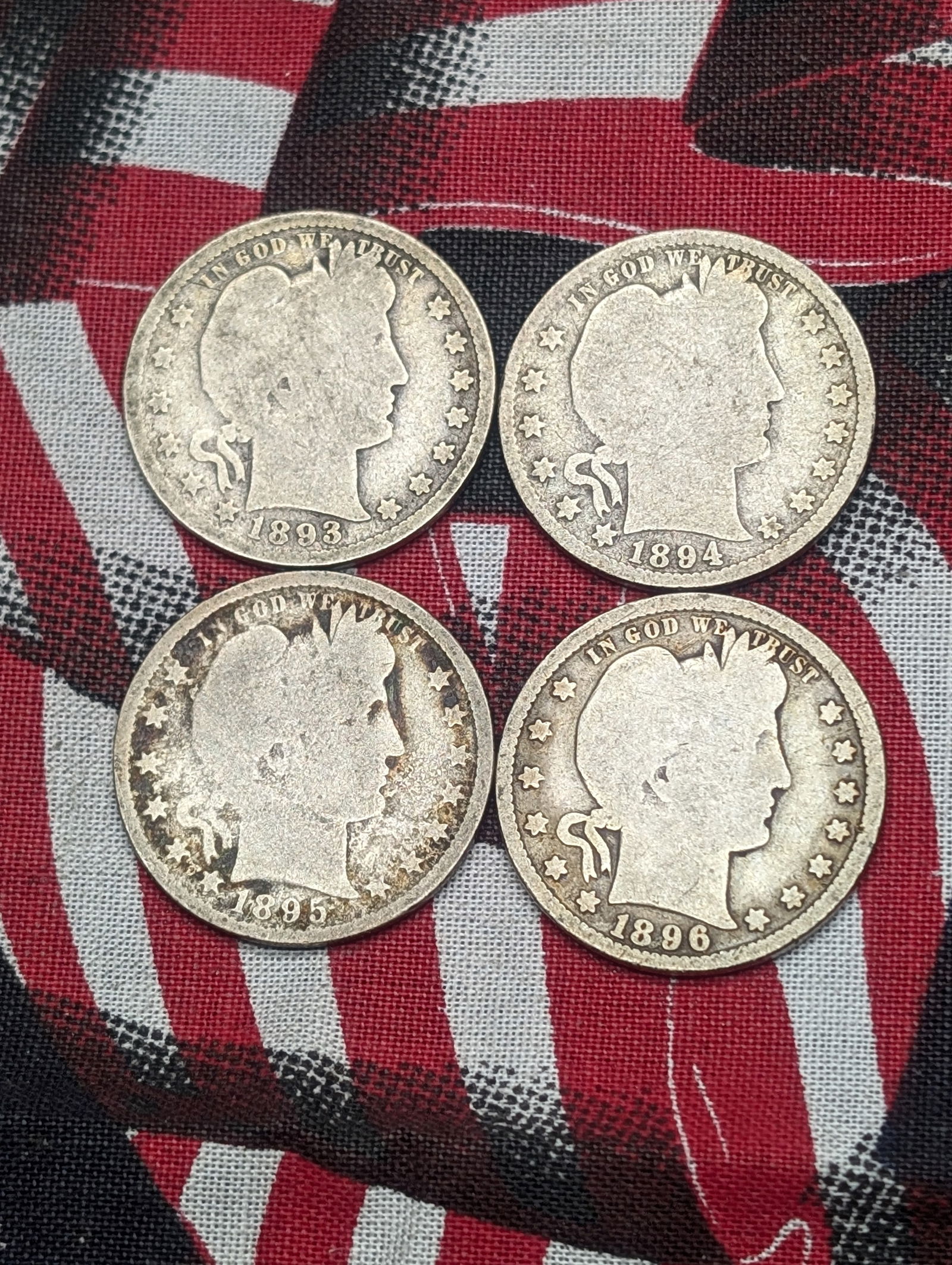 4 Early Barber Quarters 1893, 1894, 1895, 1896 All G-VG (1 of 2)