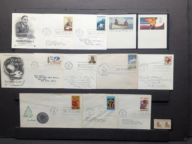 (9) First Day Cachets, (3) Postcards, & Two Unused Stamps