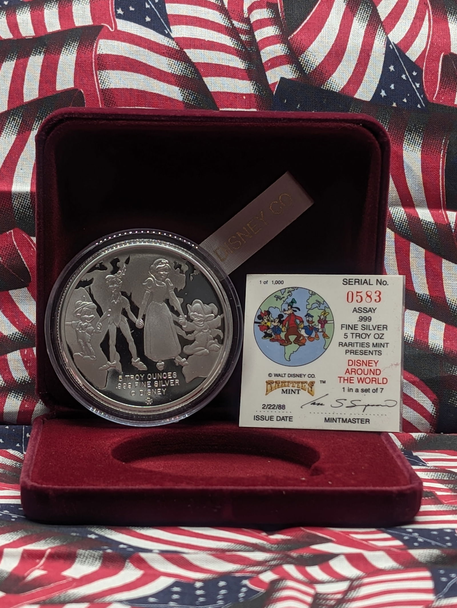 2/22/88 Issue Date 583 out of 1,000 .999 - 5 Troy Oz "Disney Around The World" Silver Round - Rare (1 of 4)