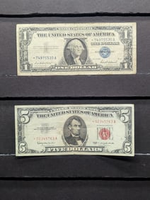 2 Star Notes a nice Series, 1963 $5 Red Seal and a Series 1957 Dollar Blue Seal Silver Certificates