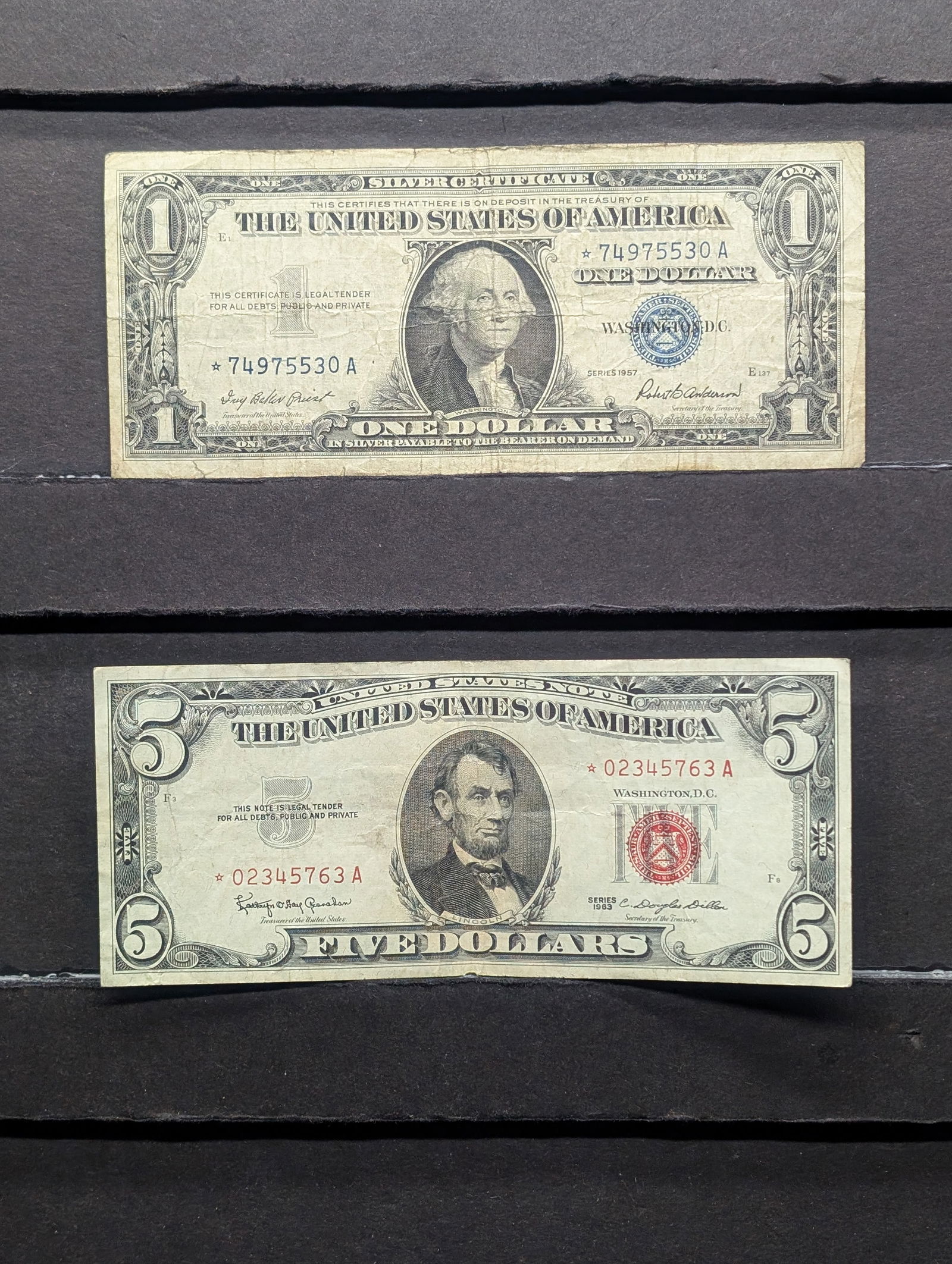 2 Star Notes a nice Series, 1963 $5 Red Seal and a Series 1957 Dollar Blue Seal Silver Certificates (1 of 6)