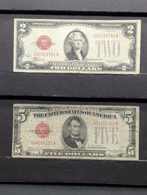 1928-C $5 Red Seal and a 1928-D $2 Red Seal U.S. Notes, Pretty Decent Notes