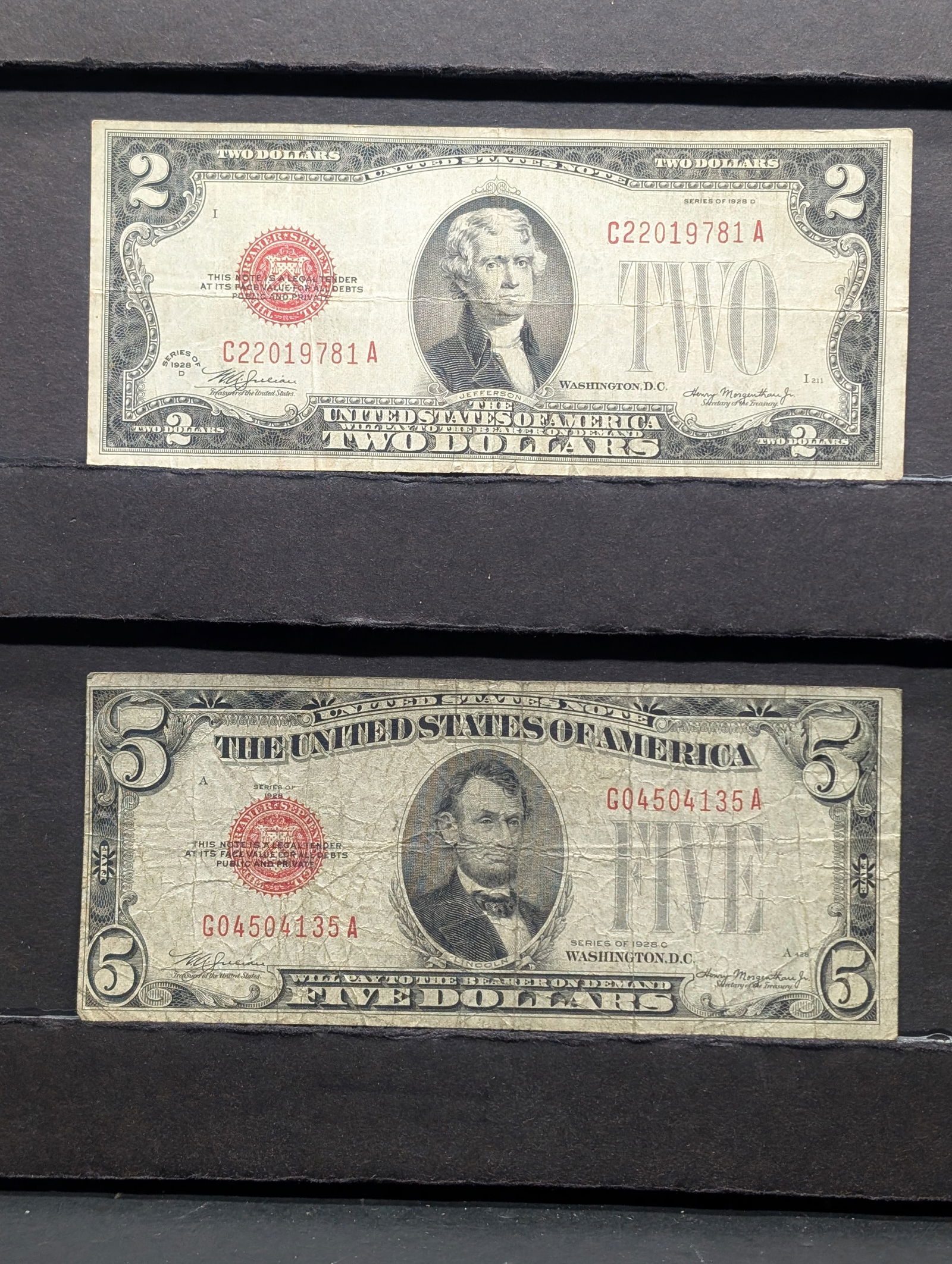 1928-C $5 Red Seal and a 1928-D $2 Red Seal U.S. Notes, Pretty Decent Notes (1 of 6)