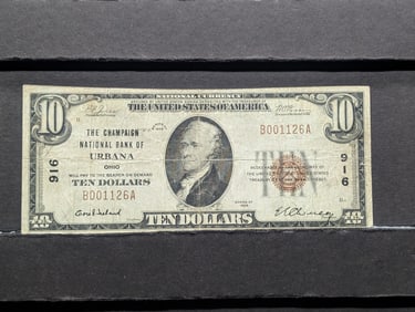 Series of 1929 Ten Dollar Brown Seal from The Champaign National Bank of Urbana, Ohio, Tough Note
