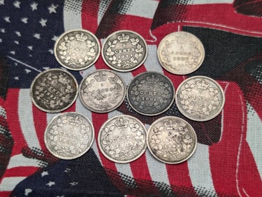 10 Canada 92.5% Silver  5 Cent Coins.  All Date Pre-1900.