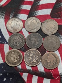 9 Indian Head Cents. 1860, 1863, 1864, 1873, (2)1874, 1875, 1876, 1878. No Key Dates. All Have