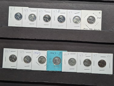 13 Pieces 1943 P,D & S Lincoln Steel Wheat Cents. Various Grades.
