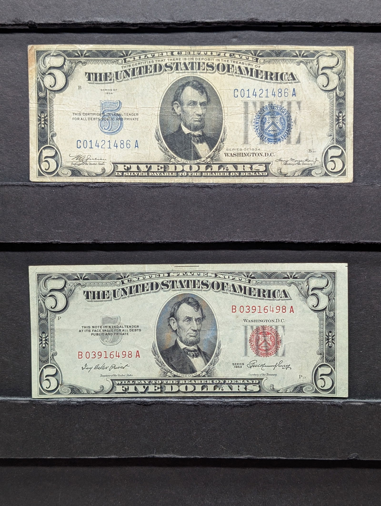 1 - 1934 $5 Silver Certificate & 1 1953 - $5 Red Seal US Note (1 of 6)