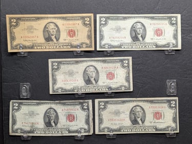 5 - $2 Red Seal Notes. 1953 A & B (2)-C, (1) 1963