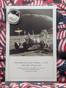 Marshall Islands 1971 First Manned Lunar Vehicle $50 Silver Coin, DC Proof, With Informational Card