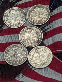 1910, 1911, 1912, 1913 & 1914, .925 Sterling Silver Canada 5 cent coins, Over 100 Years Old!