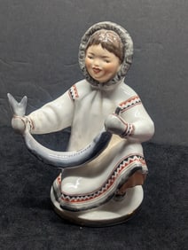 Soviet Porcelain Figurine – Inuit/Chukchi Child with Fish, Lomonosov Factory (USSR, ca.