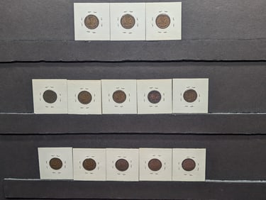 13 Carded Canadian Pennies, 1935-1955
