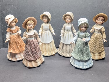 Set of (6) Roman “Country Charmers?? porcelain figurines, 1982, approx. 6.5" tall, pioneer-style