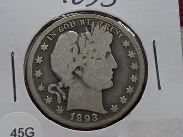 1893 Barber 50c. 90% Silver, Nice Type Coin, EARLY YEAR