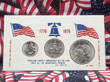 1776-1976 Bicentennial Three coin Set, Washington Quarter, Kennedy Half, & Eisenhower Dollar.