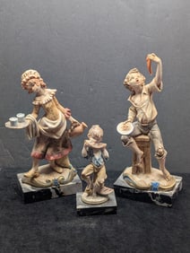 Group of (3) Italian porcelain figurines on genuine Carrara marble bases, includes maid with tray,
