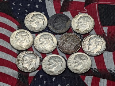 (1) 1964-D & (9) 1964-P Silver Roosevelt Dimes