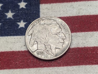 1937-D, XF-AU, Bold Details, Full Horn and Tail, Buffalo Nickel, 88 Years Old