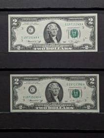 2-1976 Crisp Unc. $2 Notes Consecutive #s