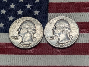 2- 1941 P, WWII Era, Nice Grades, 90% Silver, Washington Quarters, 84 Years Old
