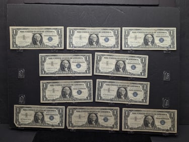 (2) 1957A, (8) 57B One Dollar Silver Certificates