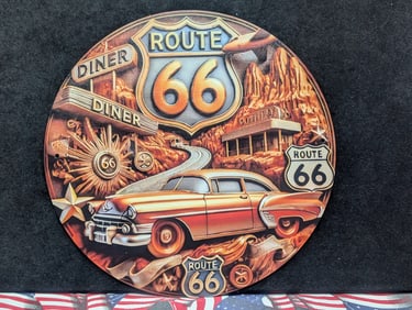 Route 66 Metal Sign, 7.75x7.75 Inches - Dinner Plate Size, Perfect For Man Cave, Garage, etc., With
