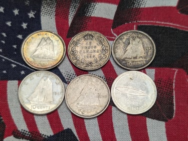 Lot of (5) Various Date .800 Silver Canada Dimes & (1) 1967 .500 Silver Canada Dime