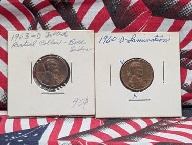 1960-D Lincoln Memorial Cent w/ Lamination & 1963-D Tilted Partial Collar both Sides