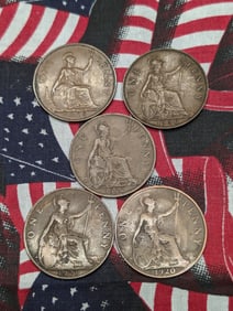 (5) Great Britain One Pennies -1920, 1921, 1927, 1936 & 1938
