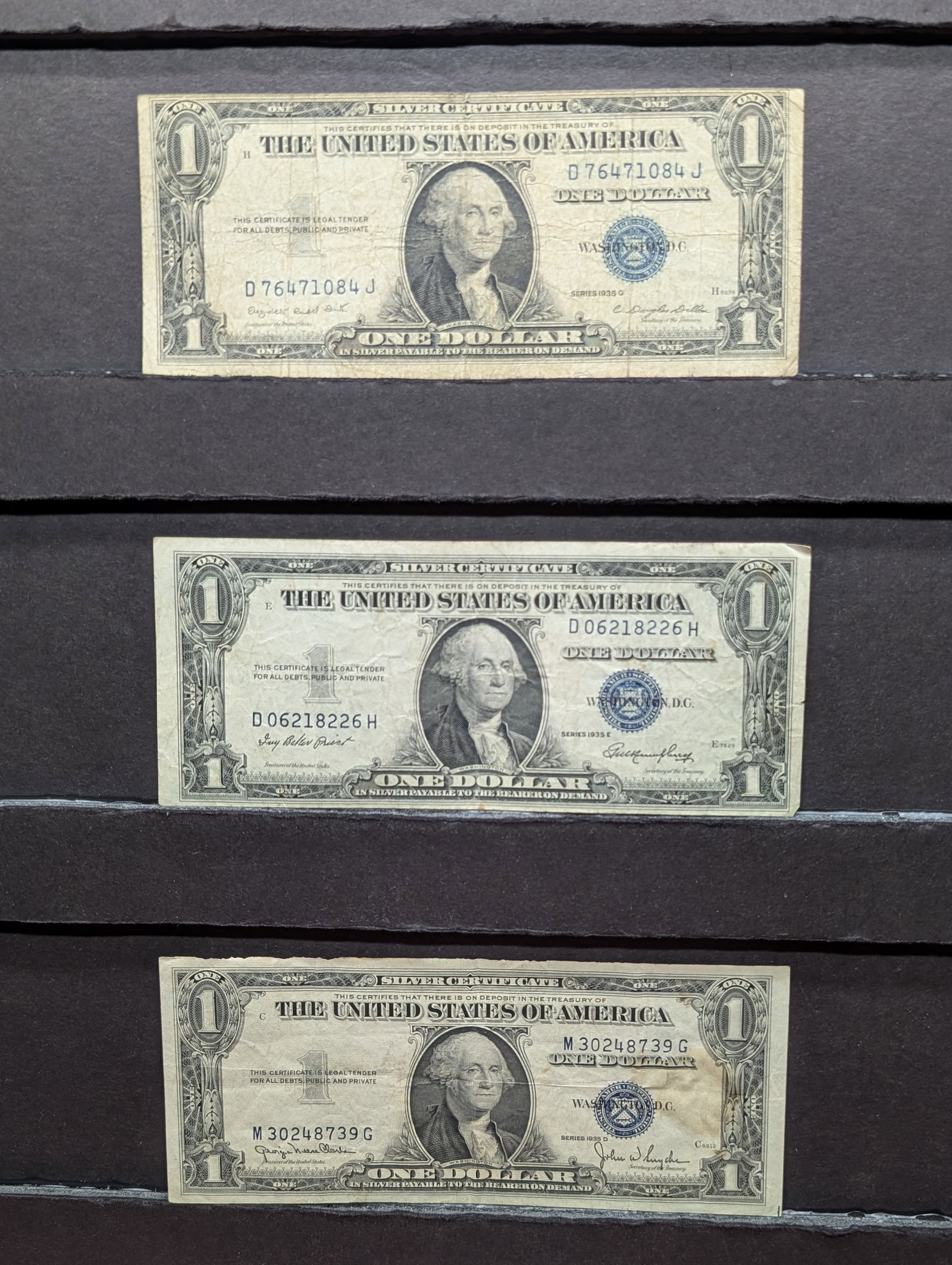 Three Circulated Silver Certificates All VF's - 1935-G, 1935-E, & 1935-D: Three Circulated Silver Certificates All VF's - 1935-G, 1935-E, & 1935-D