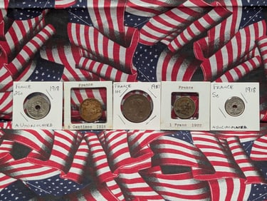 (5) Assorted French Coins - 1907 - 10 Centimes, 1918 - 5 & 25 Centimes, 1916 - 5 Centime, 1922 One