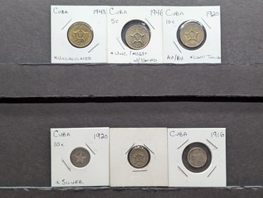 (6) Assorted Foreign Coins, 1916 One Centavo C/N, 1920- 5 Centavos C/N, 1920 10 Centavos 90% Silver,