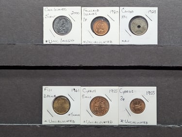 (6) Assorted Foreign Coins, 2000 Cook Island 5 Cent, 1980 Falkland Islands Penny, 1928 Congo 10