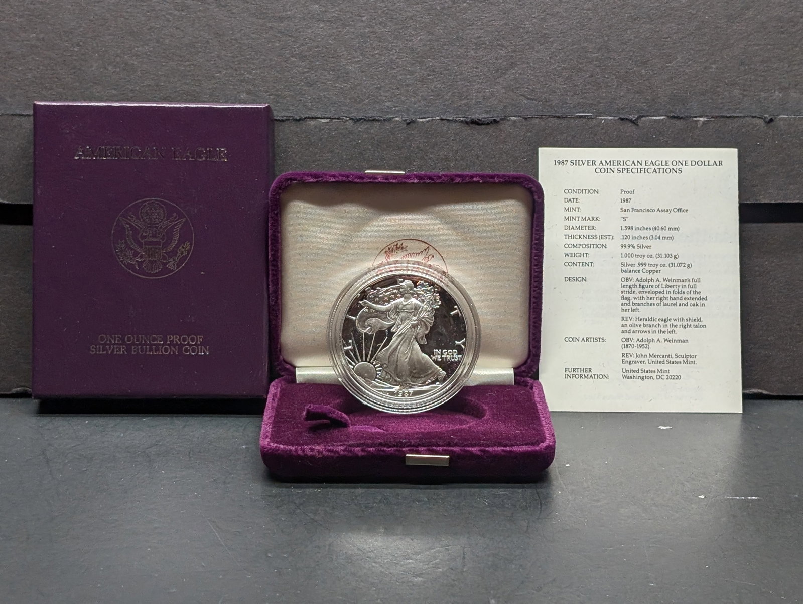 1987-S American Silver Eagle, .999 Silver In OGP With COA: 1987-S American Silver Eagle, .999 Silver In OGP With COA