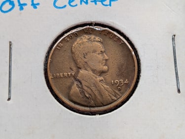 1934-D Lincoln Wheat Cent Off Center, Lamination Issue