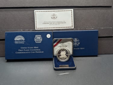 2003-P First Flight Centennial Commemorative Proof Silver Dollar, 90% Silver In OGP With COA