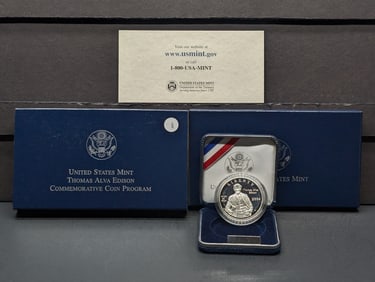 2004-P Thomas Alva Edison Commemorative Proof Silver Dollar, 90% Silver In OGP With COA