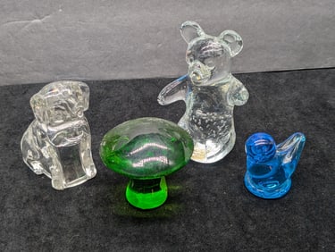 Four Glass Figurines Candy Container Dog, Glass Bear and Blue Bird and a Green Mushroom