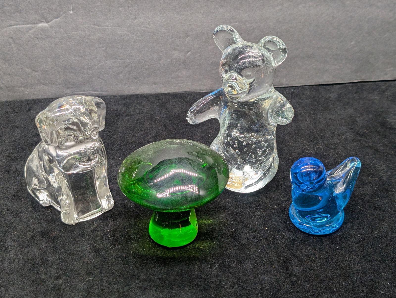 Four  Glass Figurines Candy Container Dog, Glass Bear and Blue Bird and a Green Mushroom (1 of 11)