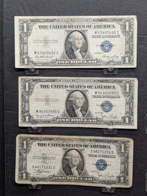 Three Circulated One Dollar Silver Certificates 1935 C/D/E