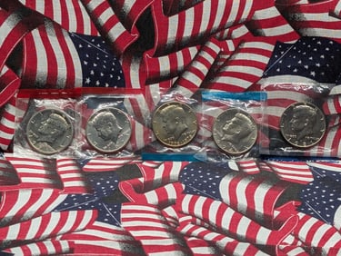 Five UNC Kennedy Halves from Mint Sets Still in Plastic Holders 71-D/73-D/74/76/81
